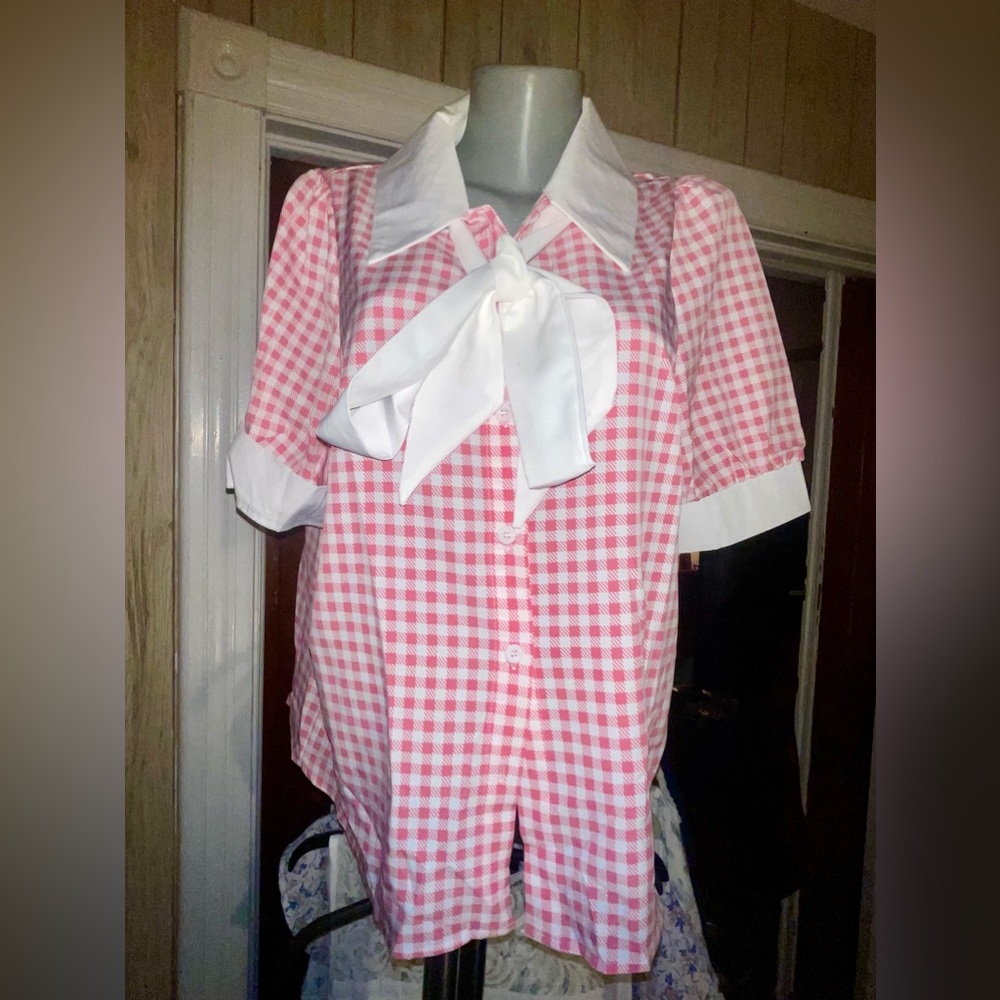 SHEIN Pink & White Checkered Top with White Collar Tie. Size 2XL